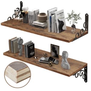 iartops long floating shelves, 47.3 inch large wall mounted shelves set of 2, wide storage and display shelf with brackets for living room, bedroom, kitchen, bathroom, office and books, rustic brown