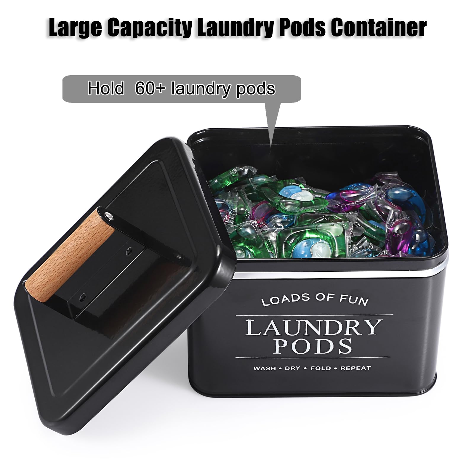 Sumnacon Laundry Pods Container Metal Laundry Pod Holder with Lid, Farmhouse Laundry Room Organization and Storage Container for Detergent Powder Laundry Pods Dry Sheets Dryer Balls, Black