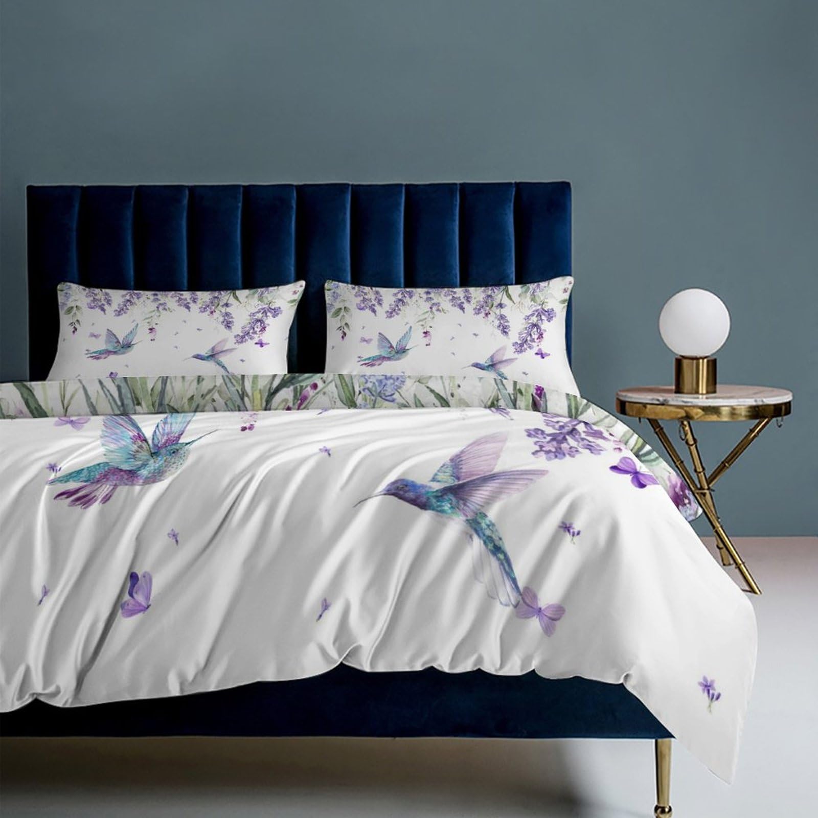 GDSCCLGX Rustic Spring Lavender Hummingbird Duvet Cover Set 3 Piece Queen Size,1 Modern Minimalist Art Vine Purple Garden Lavender Butterfly Duvet Cover&2 Pillowcases(No Insert)