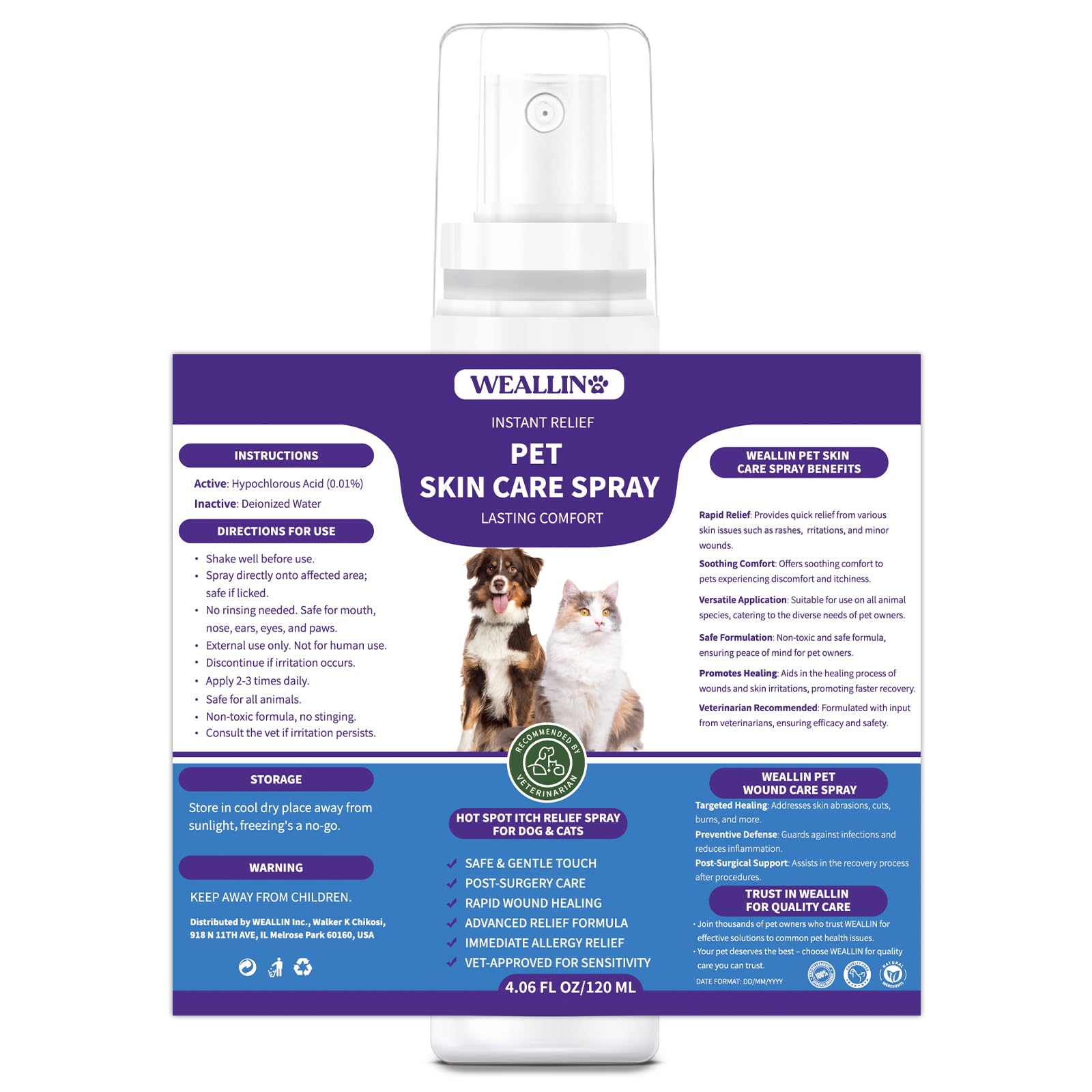 WEALLIN Hot Spot Itch Relief Spray for Dogs & Cats, Hot Spot Treatment for Dogs Itch Relief Spray for Dogs, Pet Treatment Spray for Itchy, Irritated Skin, Allergy, Rashes, Wound Care(4.06 Fl Oz)