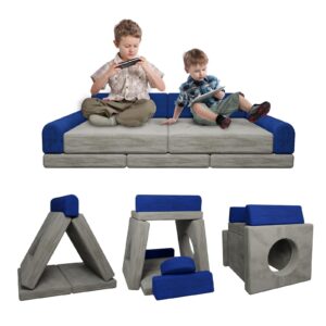 hoopyosms 11-piece modular kids play couch convertible foam sofa for toddlers indoor playroom & bedroom fun building block sofa (grey and blue)