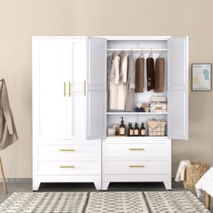 Anewome 71" Metal Armoire Wardrobe Closet with 2 Drawers, Freestanding 2-Door Tall Clothing Storage with Adjustable Shelves and Hanging Rod for Bedroom Dorm, White