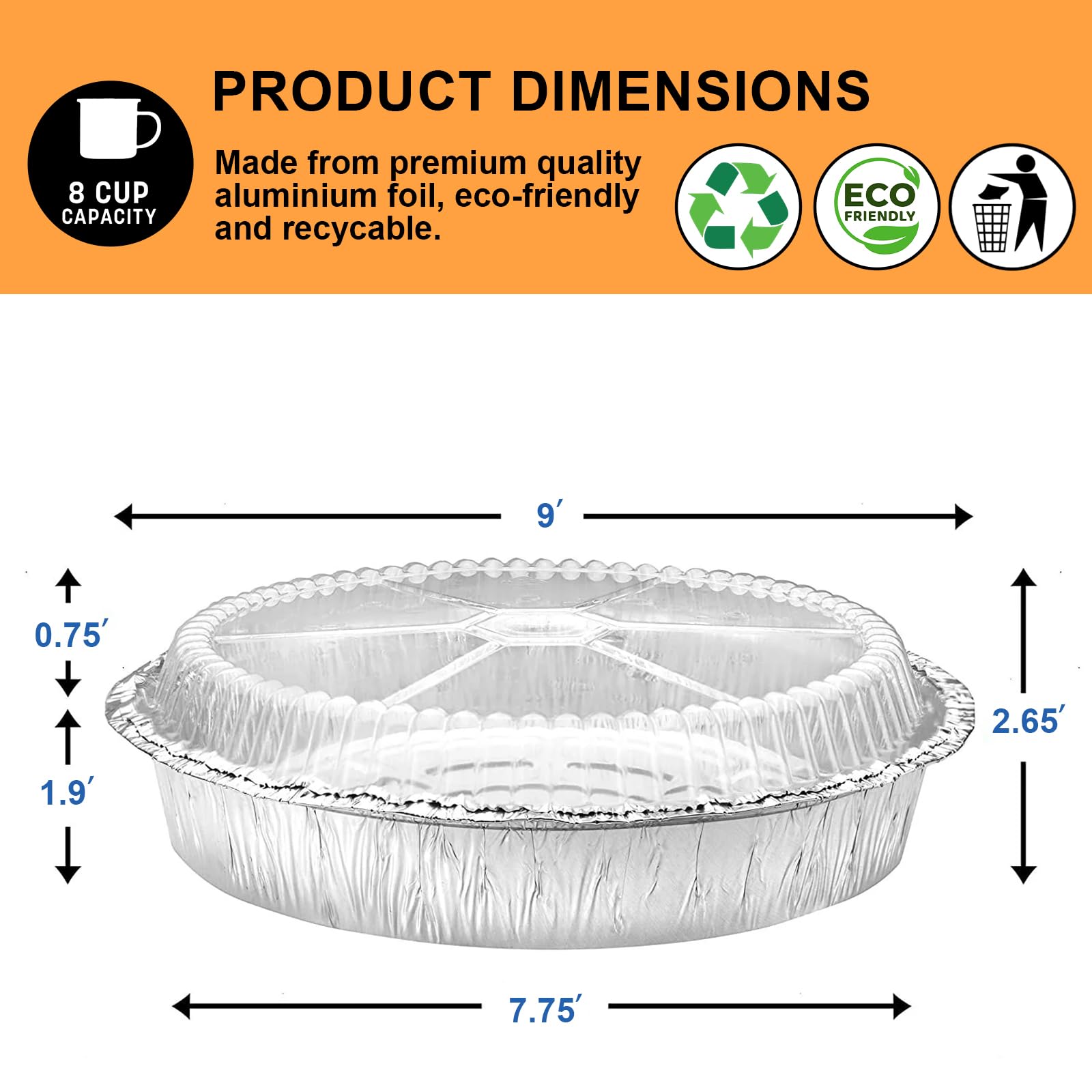 KmaxShip 9" Round Aluminum Foil Pans with Clear Lids, Disposable Food Containers with Plastic Coners for Storing, Baking, Meal Prep & Reheating, Freezer & Oven Safe, Recyclable, 50 Pack of Tins