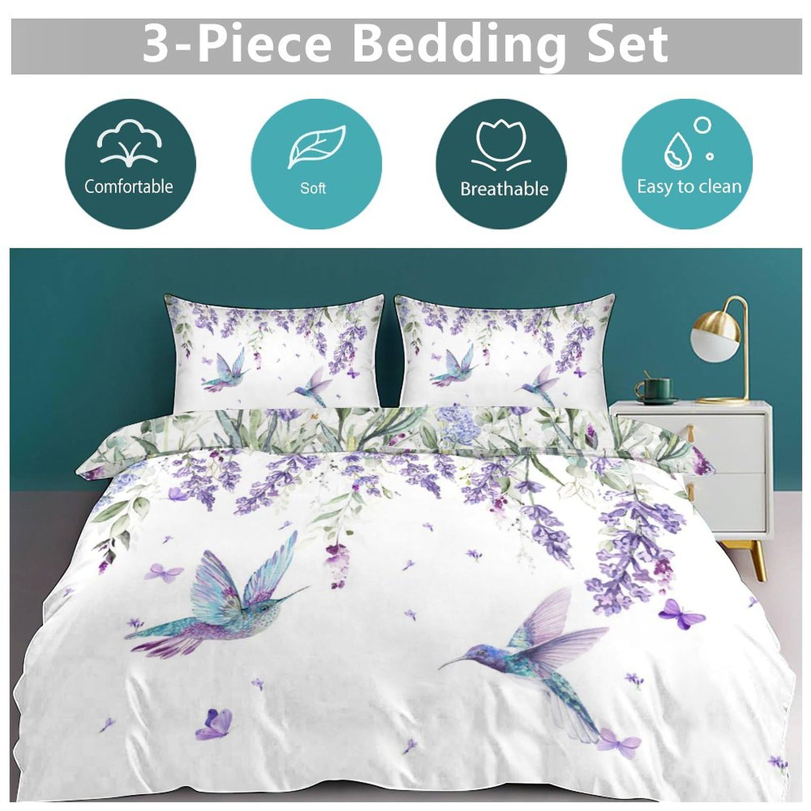 GDSCCLGX Rustic Spring Lavender Hummingbird Duvet Cover Set 3 Piece Queen Size,1 Modern Minimalist Art Vine Purple Garden Lavender Butterfly Duvet Cover&2 Pillowcases(No Insert)