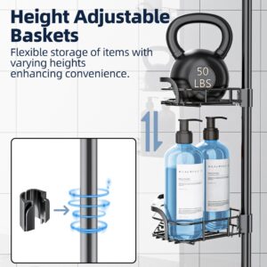 LAMU Corner Shower Caddy Tension Pole, Shower Corner Caddy Fits 29-111 Inch Heights, Tension Shower Caddy With Adhesive Clamp, Four-Tier Adjustable Shower Caddy, 4 Hooks, Thick Rustproof Steel, Black