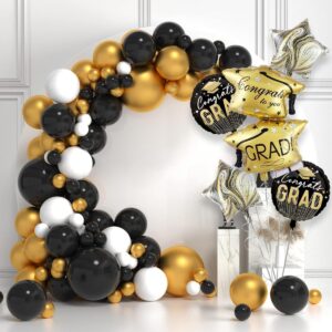 5pcs Graduation Theme Balloon Bouquet Set丨Golden Graduation Hat Foil Balloons丨Black Gold Marble Heart Balloons丨Congratulations Grad Round Balloons for Graduation Season We Are Proud of You Decoration