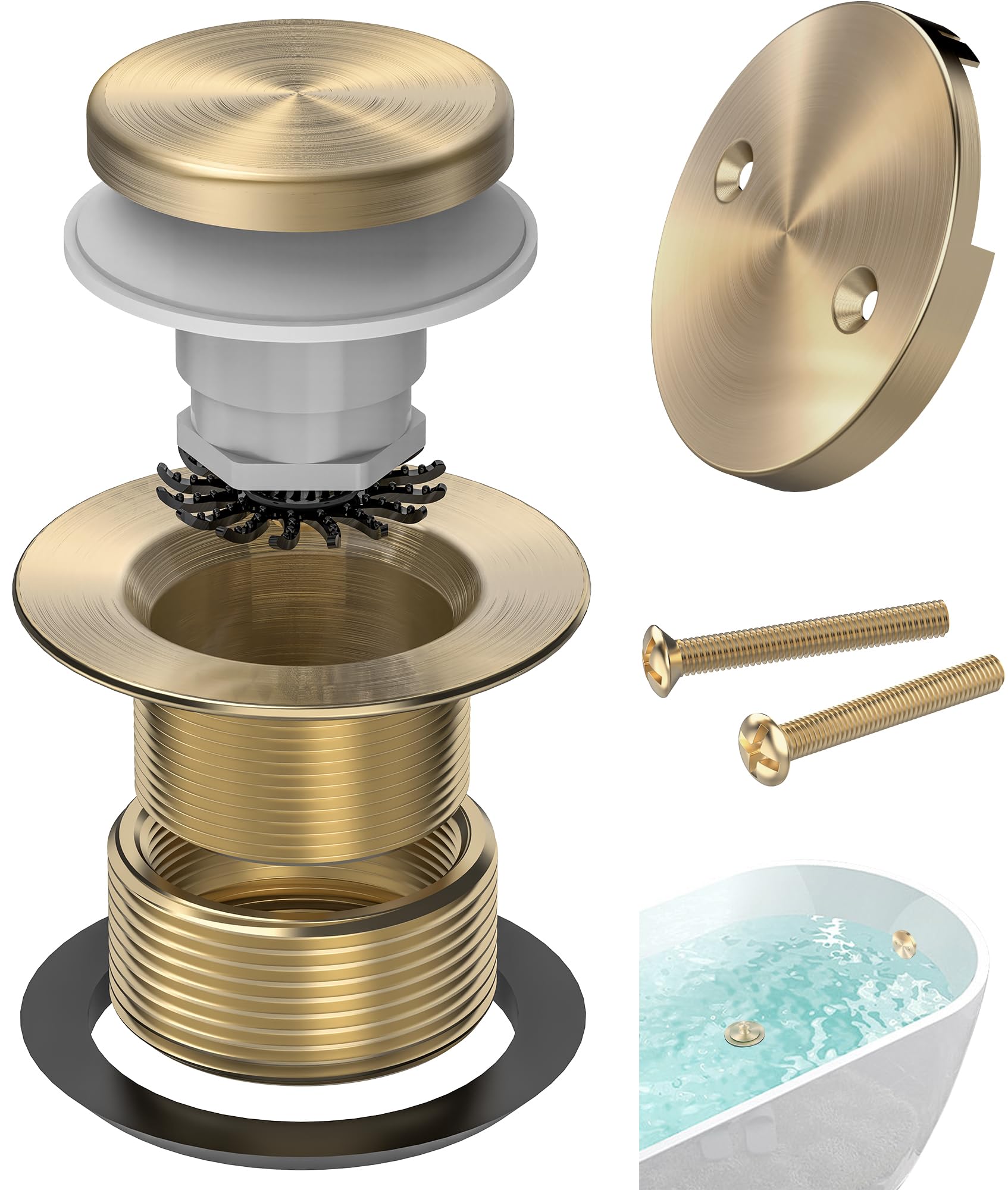 Sogmeter Brushed Gold Tub Drain Kit with Hair Catcher, Premium Brass Tip-Toe Bathroom Tub Drain Replacement and 2-Hole Overflow Faceplate, 11.5/16 UNC Bathtub Drain Stopper Assembly