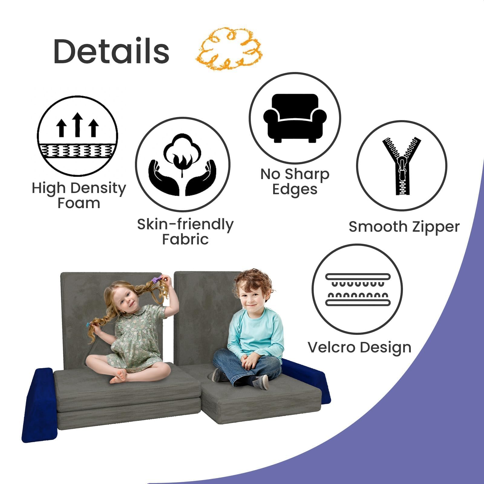 hoopyosms 11-Piece Modular Kids Play Couch Convertible Foam Sofa for Toddlers Indoor Playroom & Bedroom Fun Building Block Sofa (Grey and Blue)