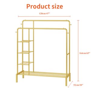 JOISCOPE 47'' * 65'' Heavy Duty Clothes Rack, Double Rods Clothing Racks for Hanging Clothes, Garment Rack with 4 Tier Closet Shelves & 4 Hooks for Clothing Storage, Metal Gold Clothing Rack