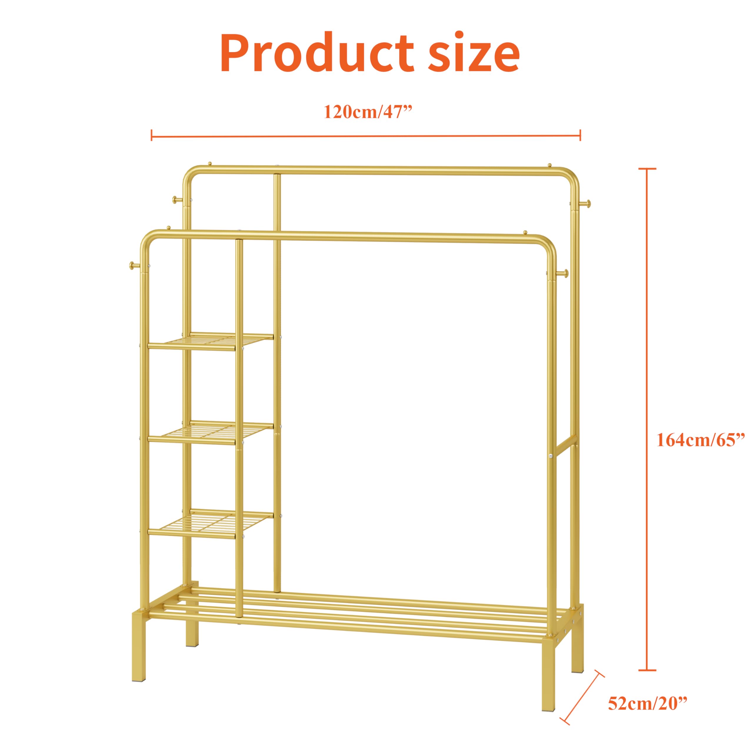 JOISCOPE 47'' * 65'' Heavy Duty Clothes Rack, Double Rods Clothing Racks for Hanging Clothes, Garment Rack with 4 Tier Closet Shelves & 4 Hooks for Clothing Storage, Metal Gold Clothing Rack