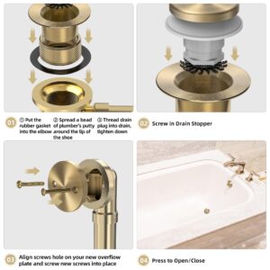 Sogmeter Brushed Gold Tub Drain Kit with Hair Catcher, Premium Brass Tip-Toe Bathroom Tub Drain Replacement and 2-Hole Overflow Faceplate, 11.5/16 UNC Bathtub Drain Stopper Assembly