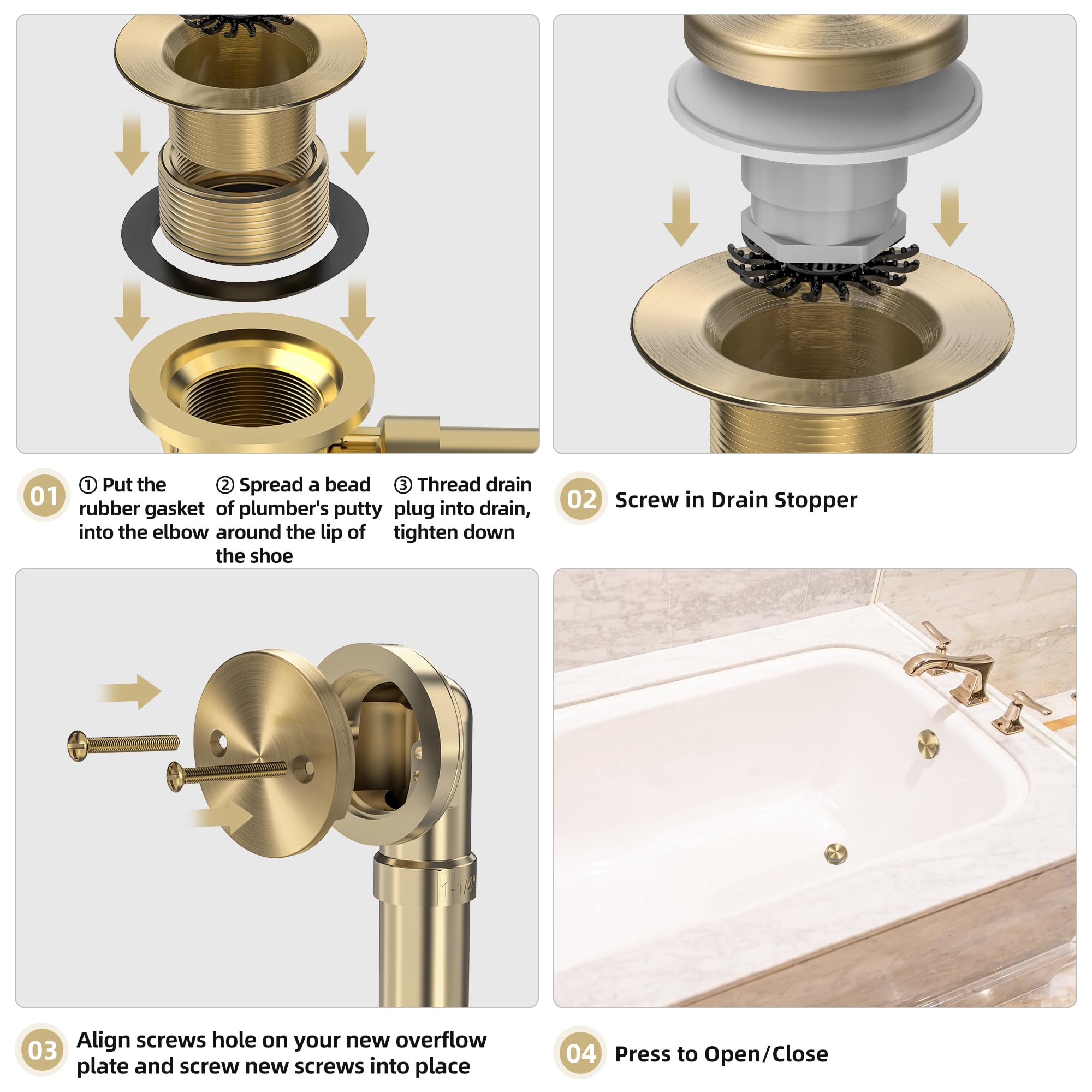 Sogmeter Brushed Gold Tub Drain Kit with Hair Catcher, Premium Brass Tip-Toe Bathroom Tub Drain Replacement and 2-Hole Overflow Faceplate, 11.5/16 UNC Bathtub Drain Stopper Assembly