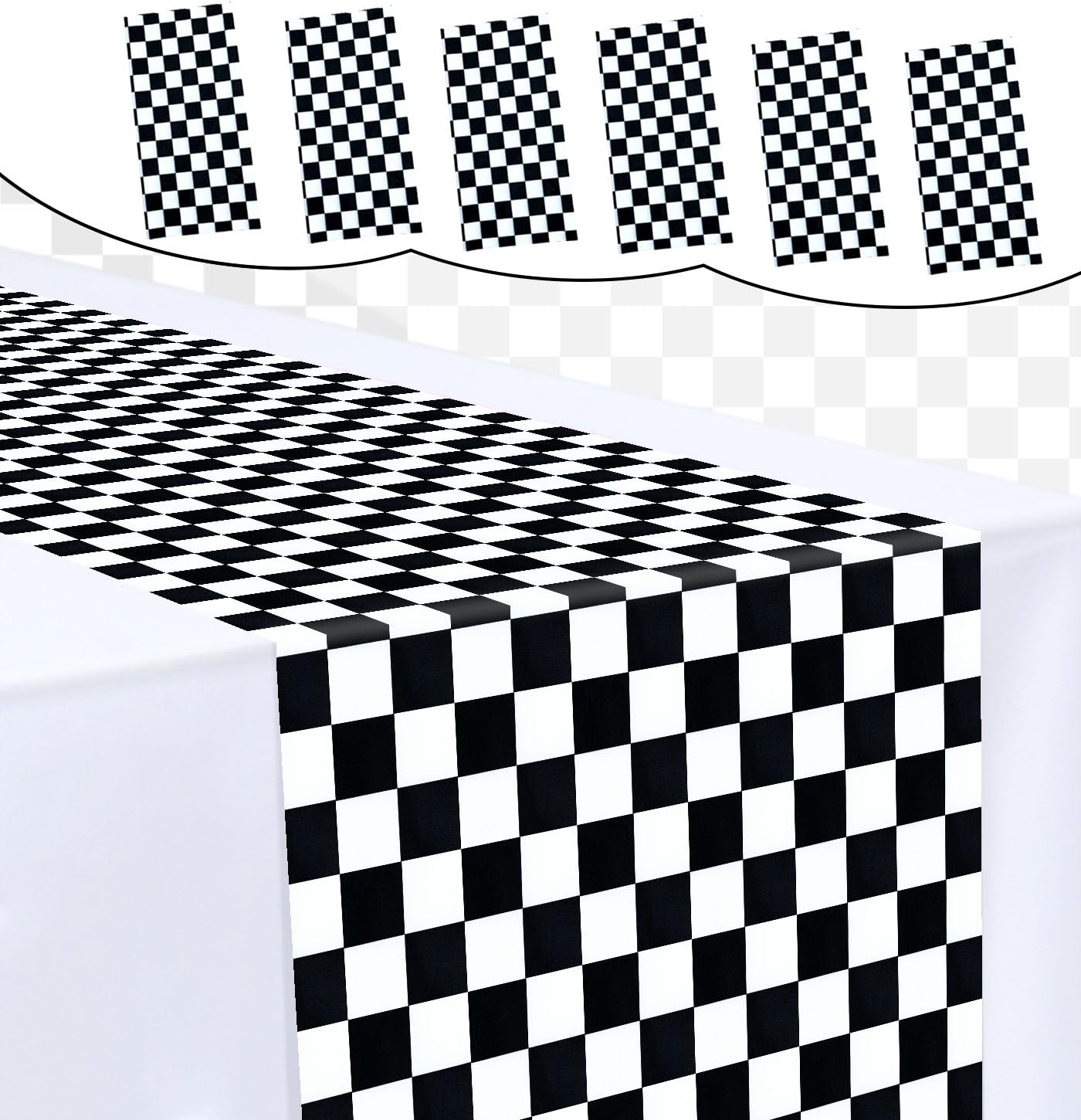 MUNILAIL 6 Pcs Black and White Checkered Table Runner 14 x 108 Plastic Table Runner for Race Car Theme Party Birthday Baby Shower Disposable Table Runner