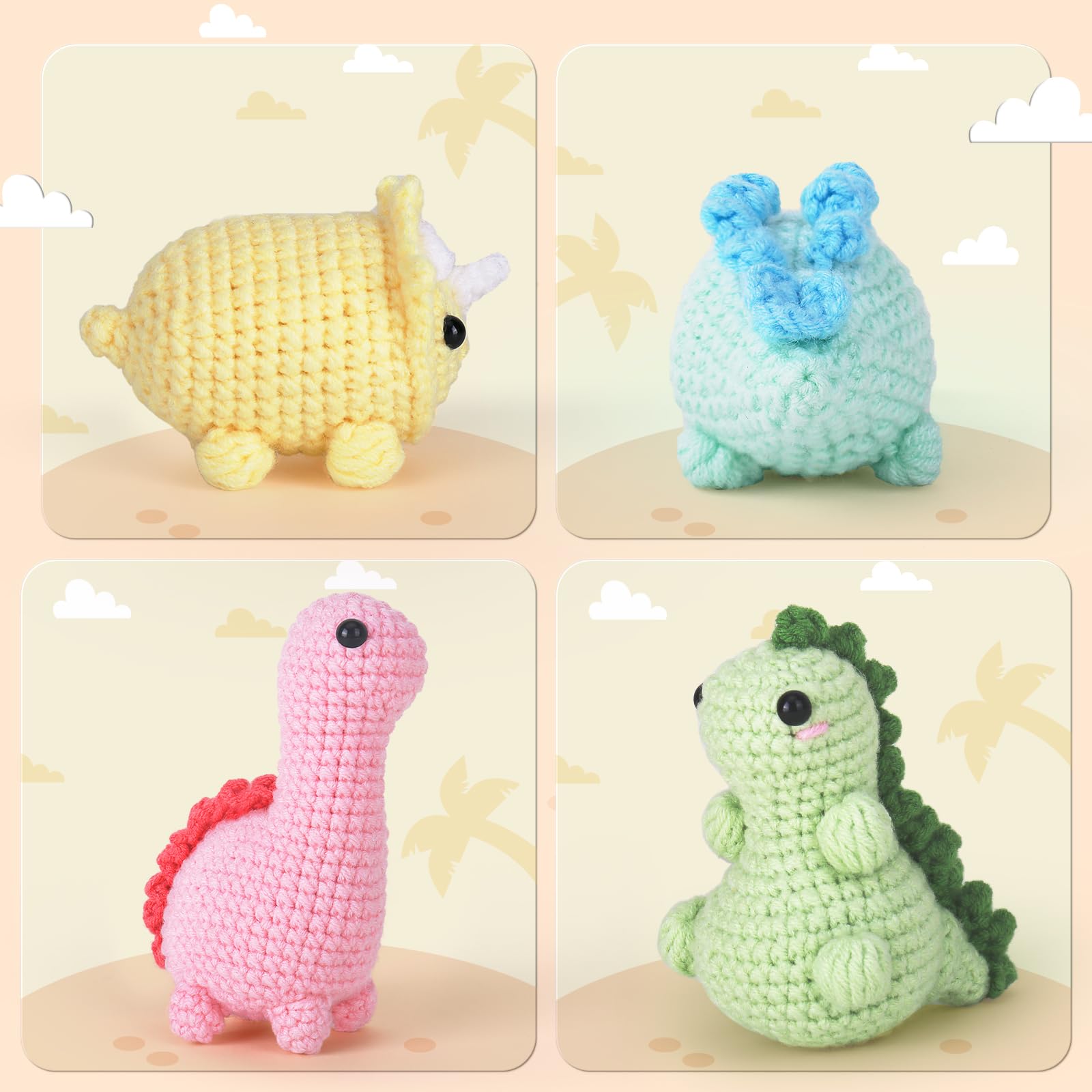 Crochet Kit for Beginners, Beginner Crochet Kit for Adults with Step-by-Step Video Tutorials, DIY Crochet Animal Kits Kids Knitting Supplies, 4 Pack Dinosaurs (40%+ Yarn)