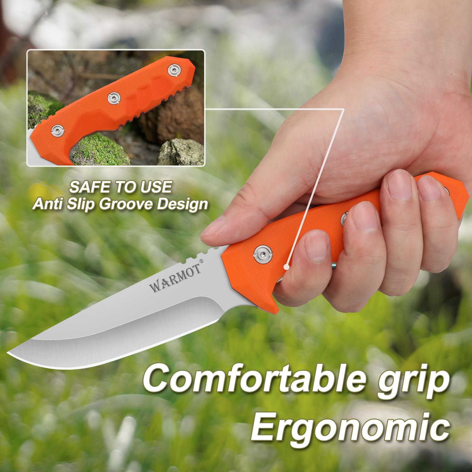 warmot® Survival Knife - Fixed Blade Knife High Carbon Steel, Bushcraft Knife Outdoor Knives for Survival, Camping, Hiking (G10 Handle) Orange