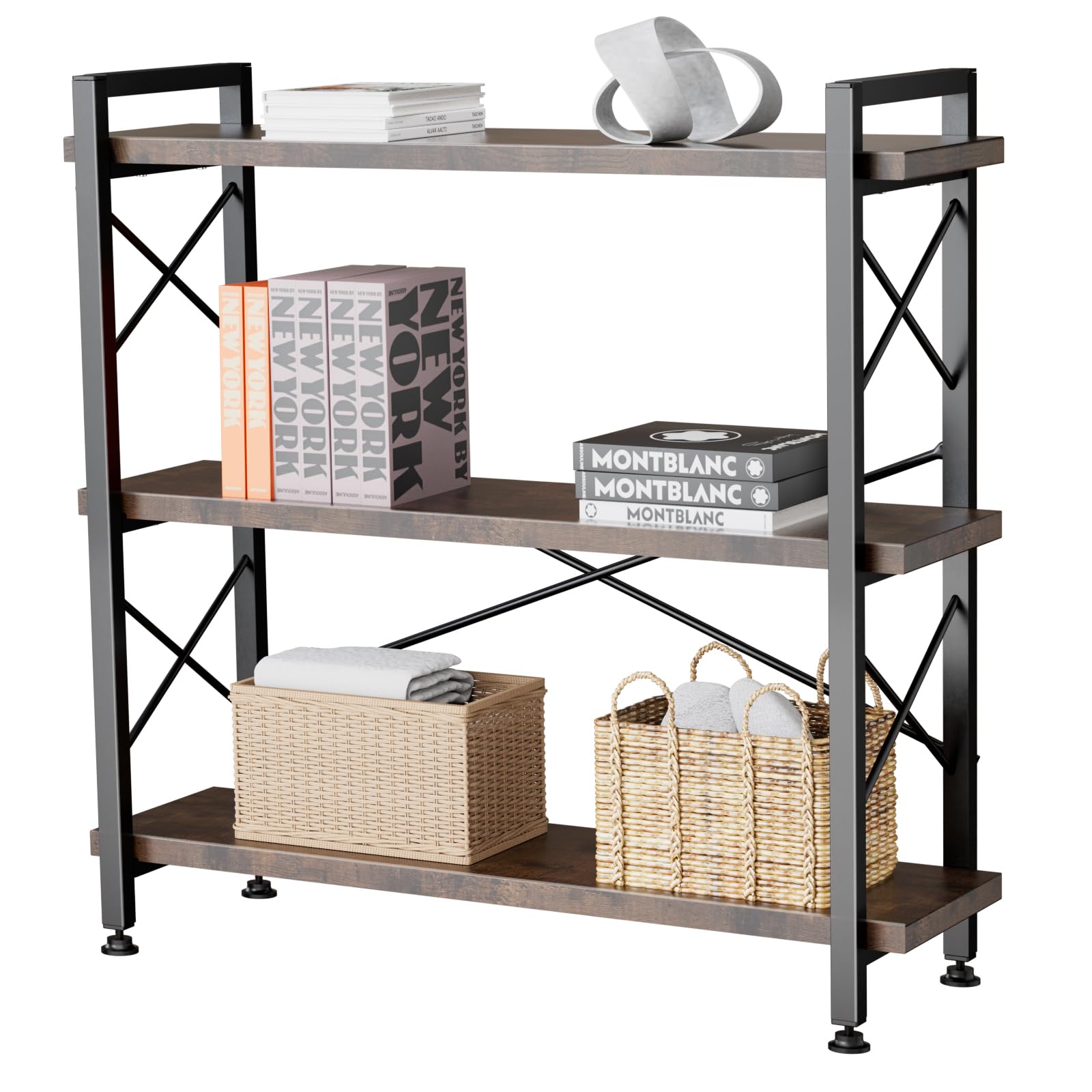 NICECOZY 3 Tier Bookshelf, Open 3 Shelf Short Bookcase, Rustic Shelves with Metal Frame, Industrial Book Shelf for Bedroom Home Office Living Room, Rustic Brown