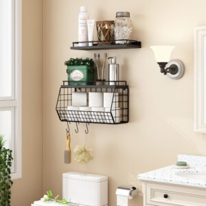 MVPSONAG Bathroom Shelves Over Toilet Wall Mounted Floating Shelves with Wire Basket and Hooks Metal Shelf Organizer for Bathroom, Bedroom, Living Room, Kitchen, Home Storage