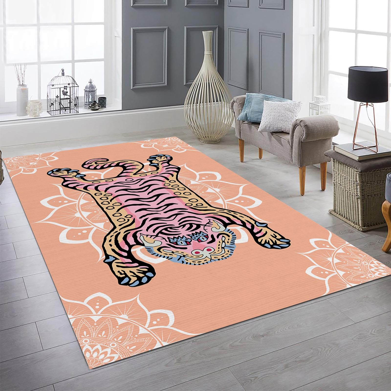 ALUXELOOM Tiger Runner, Tibetan Tiger Area Rug, 2x3 ft Animal Printed Area Rug, Colorful Moroccan Rug, Machine Washable Carpet with Nonslip Backing for Bedroom, Bathroom, Living Room, Funky Carpet