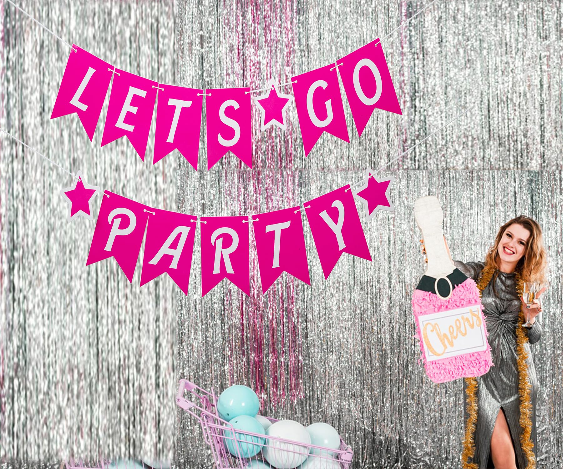 UOREND Pink Let's Go Party Banner,Pink Themed Bachelorette/Birthday/Engagement/Bridal Shower Party Decorations,Let's Go Girls Sign,Hot Pink Glitter,Makeup,Pink Doll,21st Birthday Party favors,Photo Booth Prop