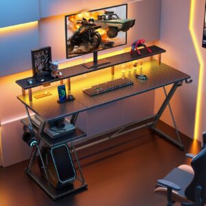 SEVEN WARRIOR Gaming Desk with LED Lights & Power Outlets, 55" Computer Desk with Monitor Stand & Storage Shelf, Gaming Table with Earphone Hook, Office Desk with Footrest, Carbon Fiber Black