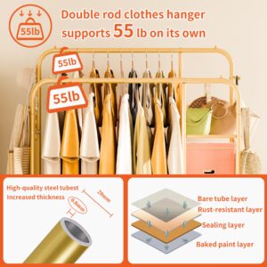 JOISCOPE 47'' * 65'' Heavy Duty Clothes Rack, Double Rods Clothing Racks for Hanging Clothes, Garment Rack with 4 Tier Closet Shelves & 4 Hooks for Clothing Storage, Metal Gold Clothing Rack