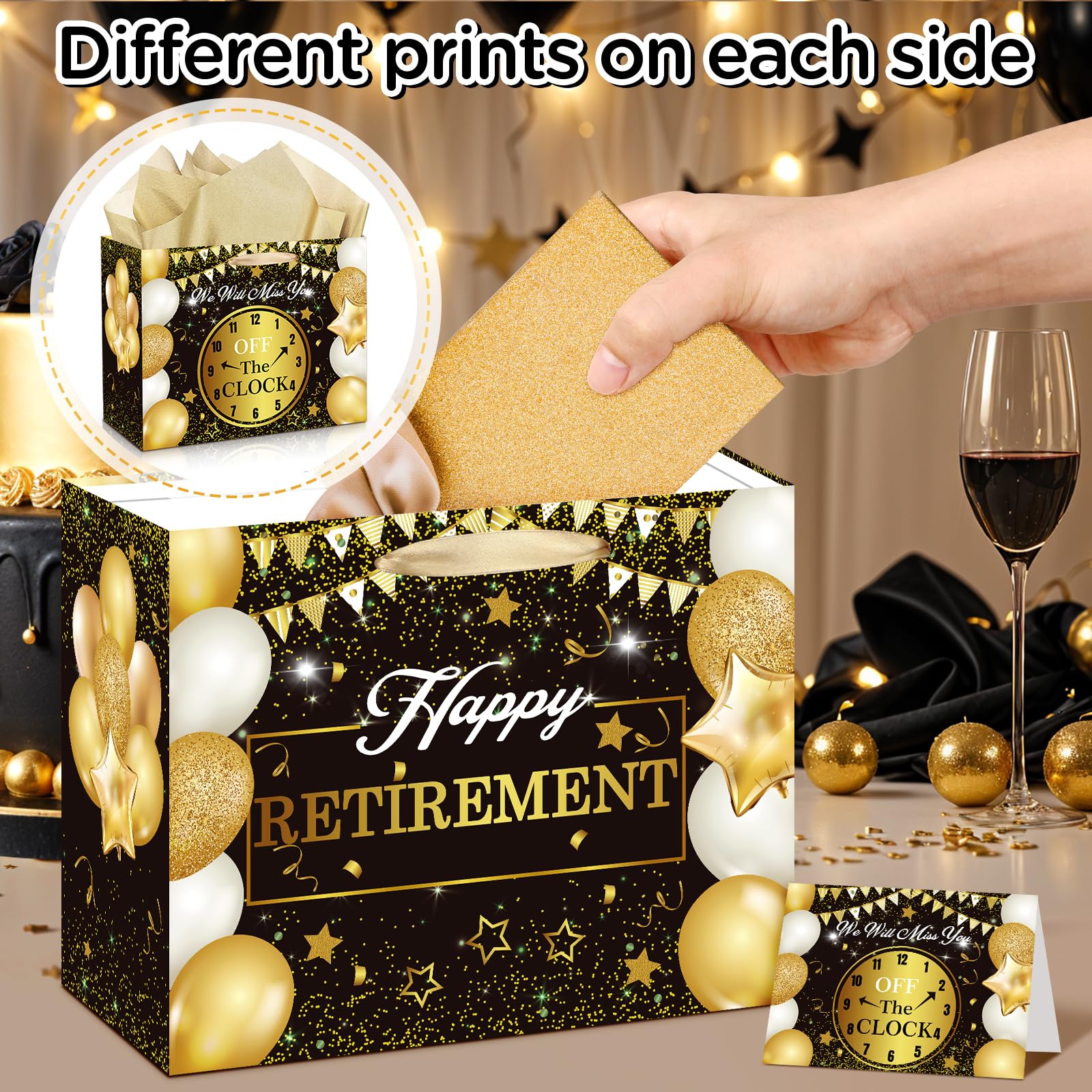 Retirement Gift Bag with Tissue Paper Set Large Black and Gold Happy Retirement Wrapping Gift Bag and Greeting Card for Men Women Office Coworker Farewell Going Away Party Favors Wrap Bags Supplies