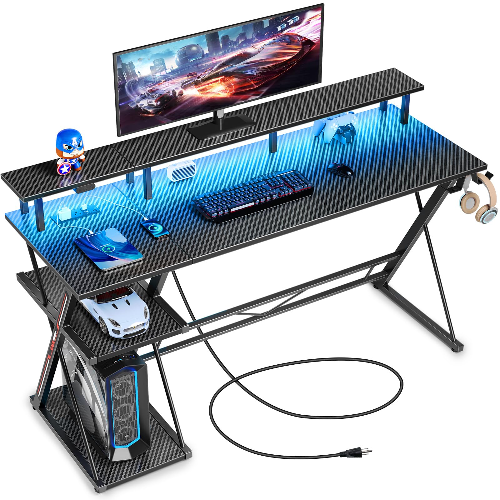 SEVEN WARRIOR Gaming Desk with LED Lights & Power Outlets, 55" Computer Desk with Monitor Stand & Storage Shelf, Gaming Table with Earphone Hook, Office Desk with Footrest, Carbon Fiber Black