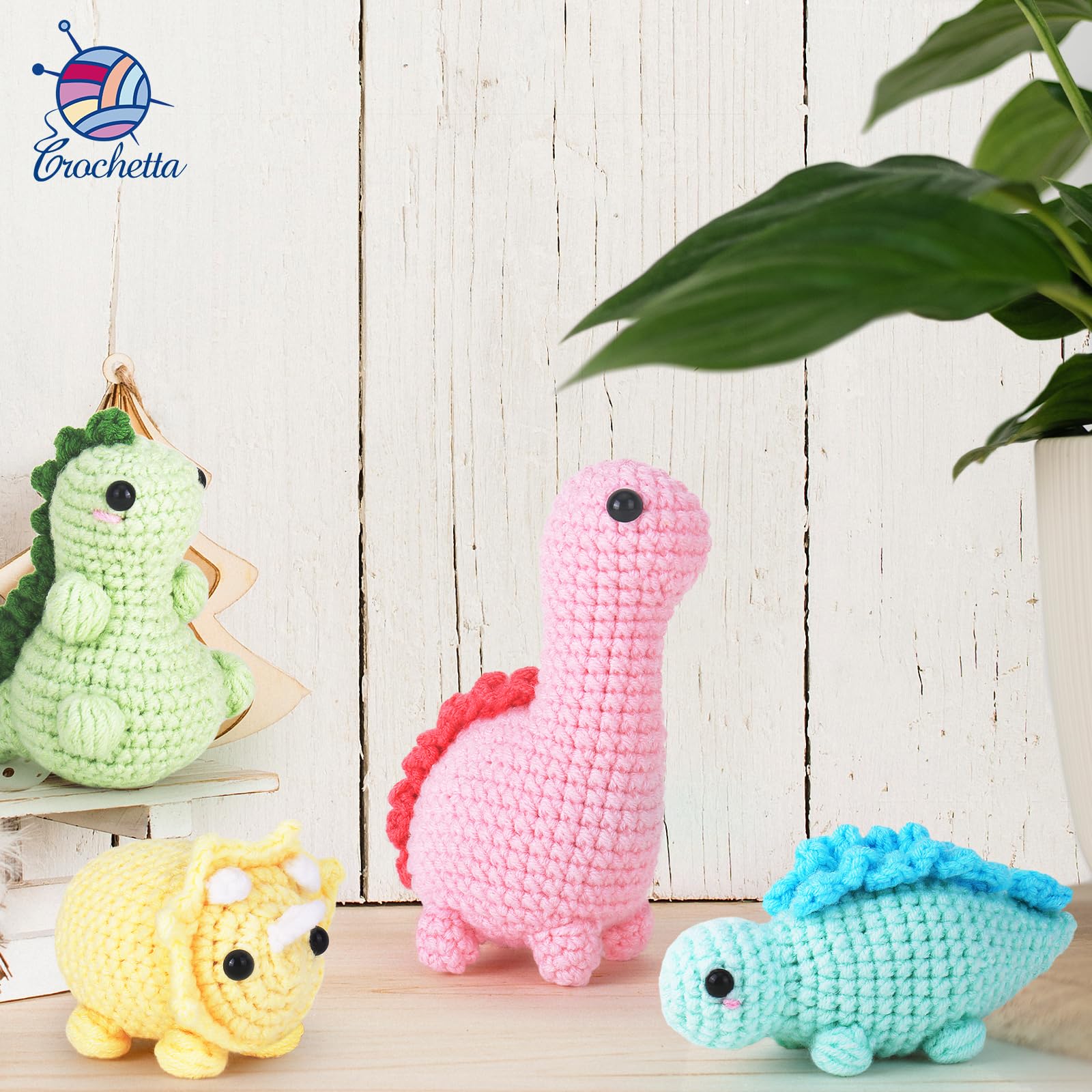 Crochet Kit for Beginners, Beginner Crochet Kit for Adults with Step-by-Step Video Tutorials, DIY Crochet Animal Kits Kids Knitting Supplies, 4 Pack Dinosaurs (40%+ Yarn)