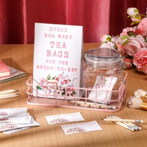 Ninehaoou 72 Pcs Bridal Shower Tea Party Favor Bridal Shower Game Prizes 1 Guessing How Many Tea Bags Sign 50 Bridal Shower Guessing Game Cards with 20 Pencils and 1 PET Jar for Guests Wedding Party