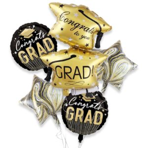 5pcs graduation theme balloon bouquet set丨golden graduation hat foil balloons丨black gold marble heart balloons丨congratulations grad round balloons for graduation season we are proud of you decoration