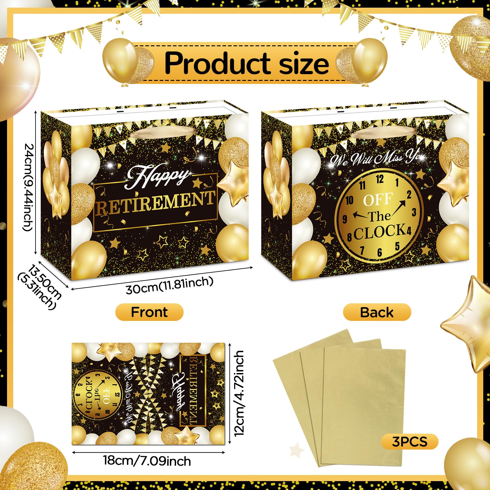 Retirement Gift Bag with Tissue Paper Set Large Black and Gold Happy Retirement Wrapping Gift Bag and Greeting Card for Men Women Office Coworker Farewell Going Away Party Favors Wrap Bags Supplies