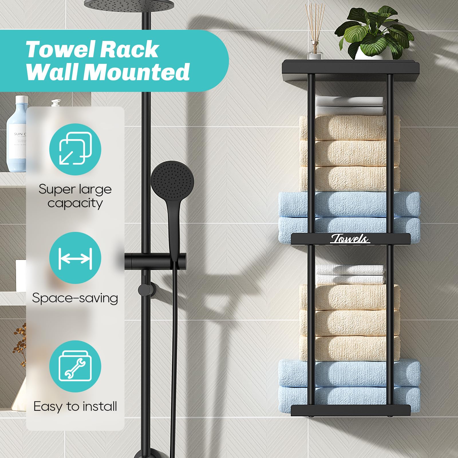 Towel Racks for Bathroom - Bathroom Towel Storage Rack Wall Mounted, Black Wall Towel Holder for Rolled Towels