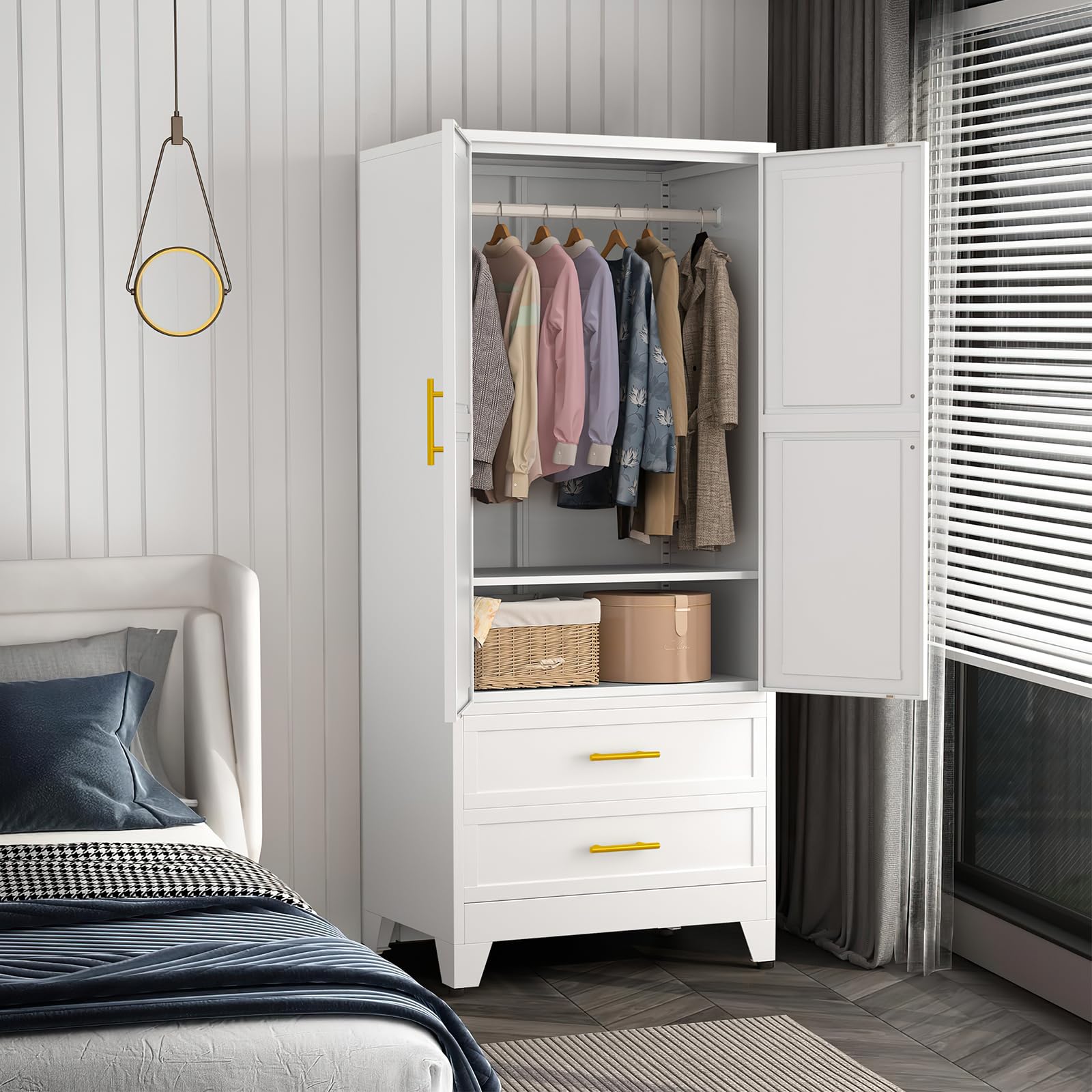 Anewome 71" Metal Armoire Wardrobe Closet with 2 Drawers, Freestanding 2-Door Tall Clothing Storage with Adjustable Shelves and Hanging Rod for Bedroom Dorm, White