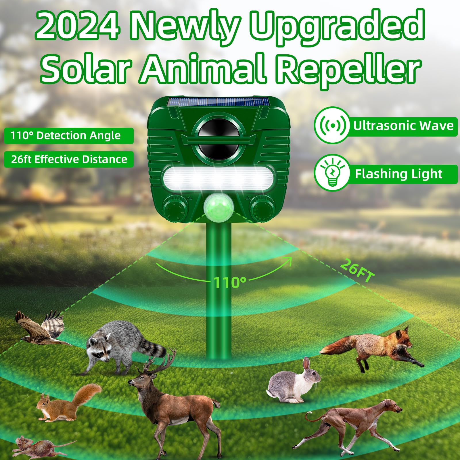 2024 Upgraded Animal Repellent Outdoor Solar Deer Repellent Devices Raccoon Repellent Ultrasonic Cat Repellent Coyote Deterrent Motion Activated Cat Deterrent Squirrel Repellent Skunk Repellent