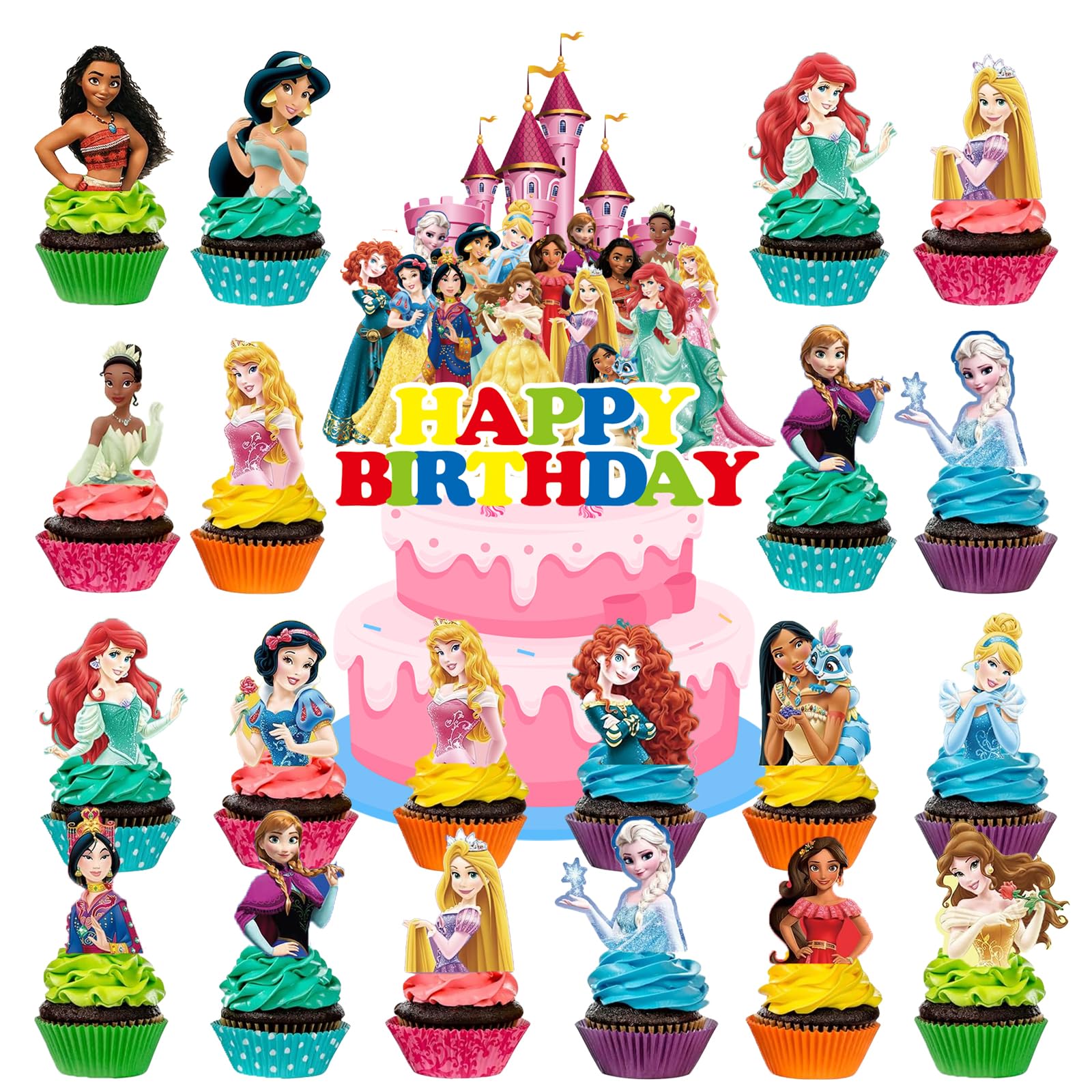 BATLAM 25 Pc Cupcake Topper Picks – Princess Themed Cupcake Toppers Cake Topper for Girls Birthday Party and Baby (colorful)