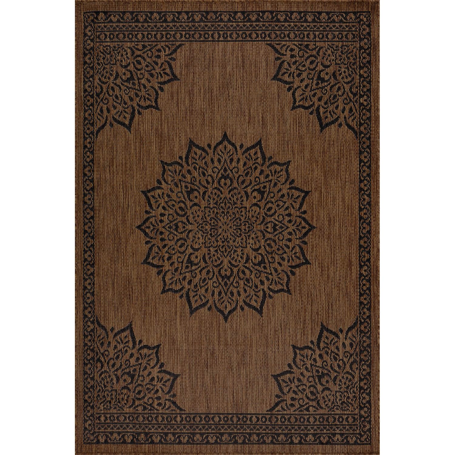 CAMILSON Indoor Outdoor Rug, 9x12 Medallion Nut Brown Black Modern Area Rugs for Large Indoor and Outdoor Patios, Kitchen and Hallway Mats, Washable Porch Deck Outside Carpet (Nut Brown Black, 9x12)