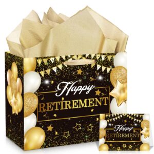 retirement gift bag with tissue paper set large black and gold happy retirement wrapping gift bag and greeting card for men women office coworker farewell going away party favors wrap bags supplies