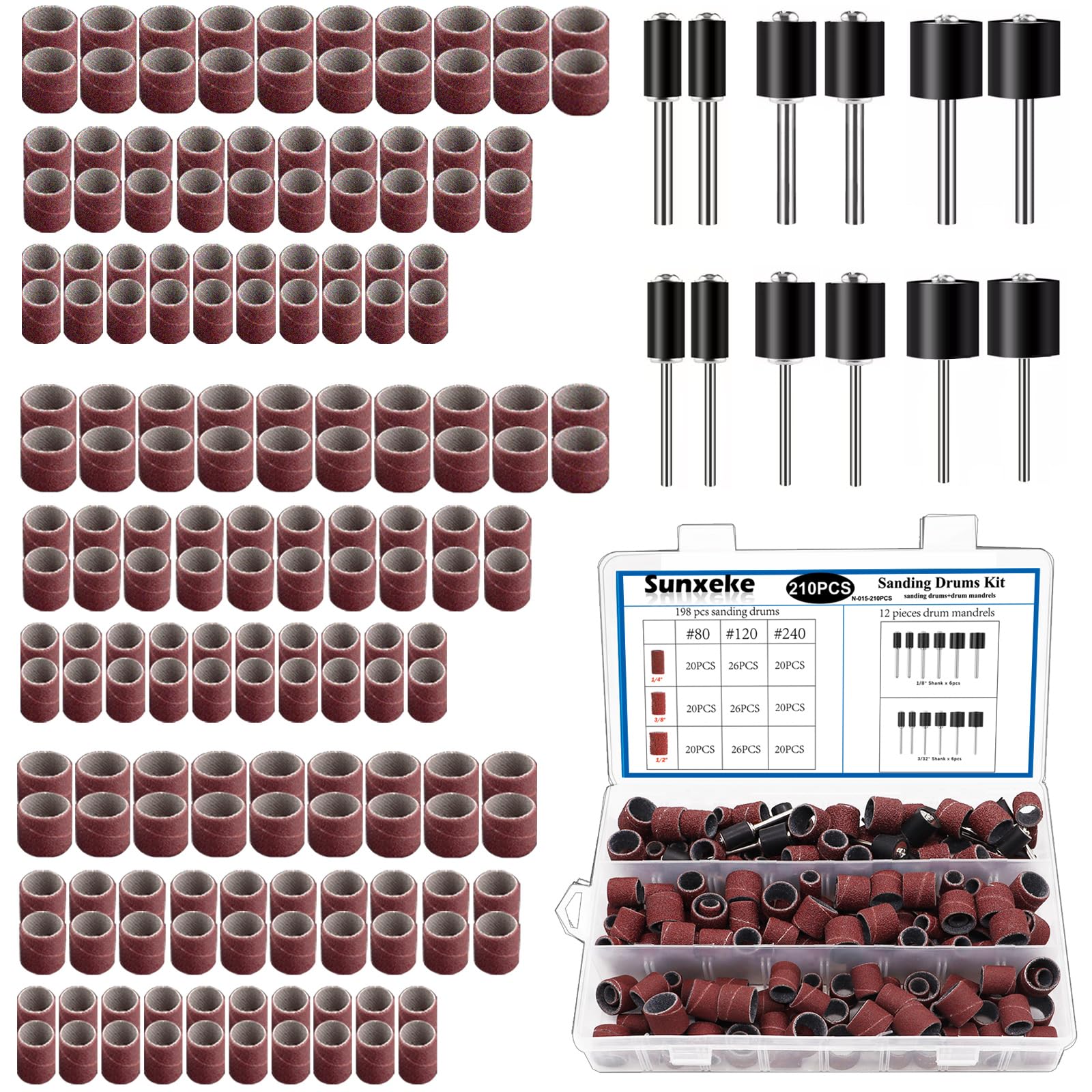 Sunxeke 210 Pieces Sanding Drum Set,Including 198 Pieces Aluminum Oxide 80 120 240Grit Drum Sander Sanding Sleeves and 12 Pieces Drum Mandrels for Rotary Tool,Sanding Drums with Box