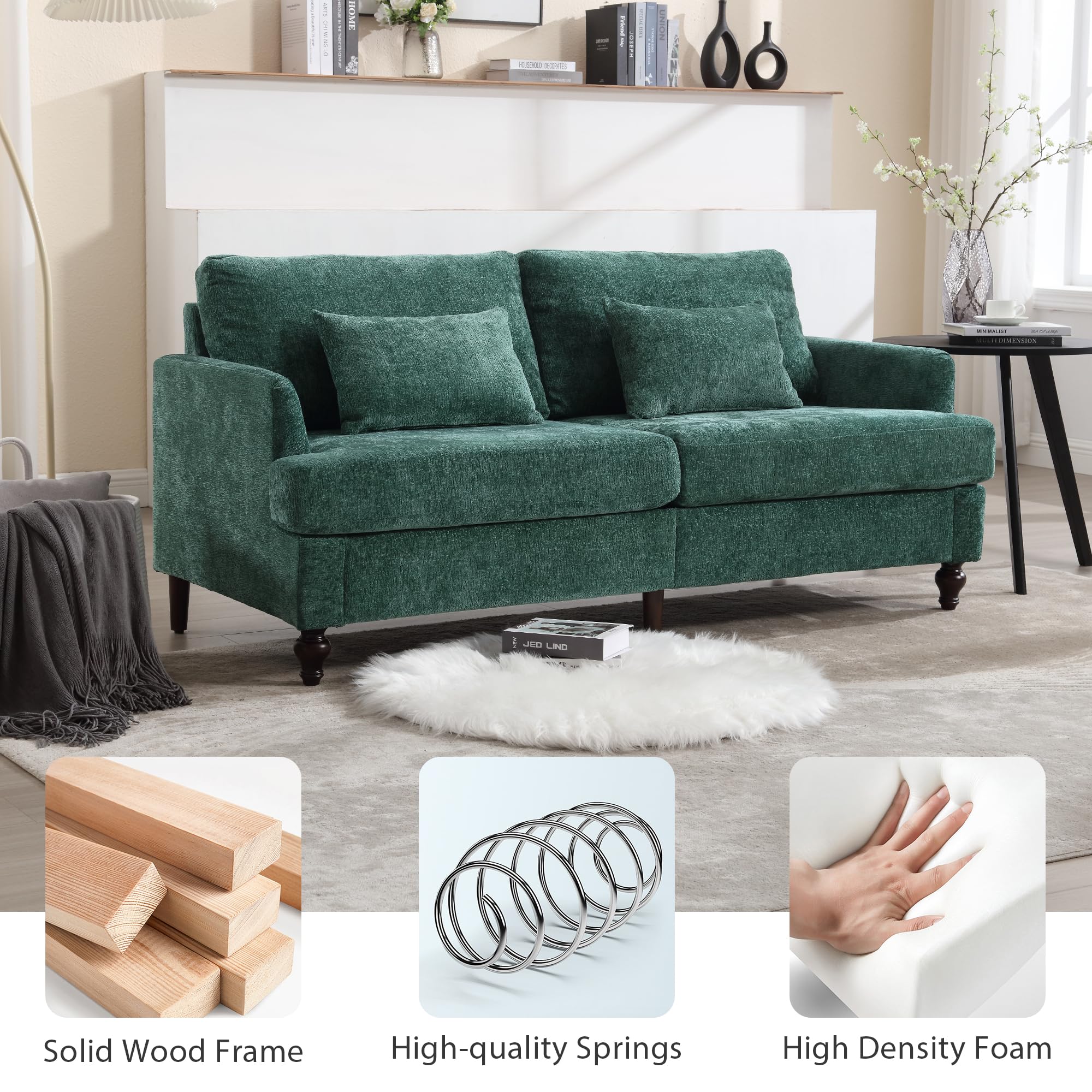 RXRRXY 69” Modern Chenille Loveseat Sofa Couch, Upholstered 2 Seat Love Seat Couch, Deep Seat Small Couch with 2 Pillows and Sturdy Wood Legs for Living Room, Bedroom, Apartment (Emerald)