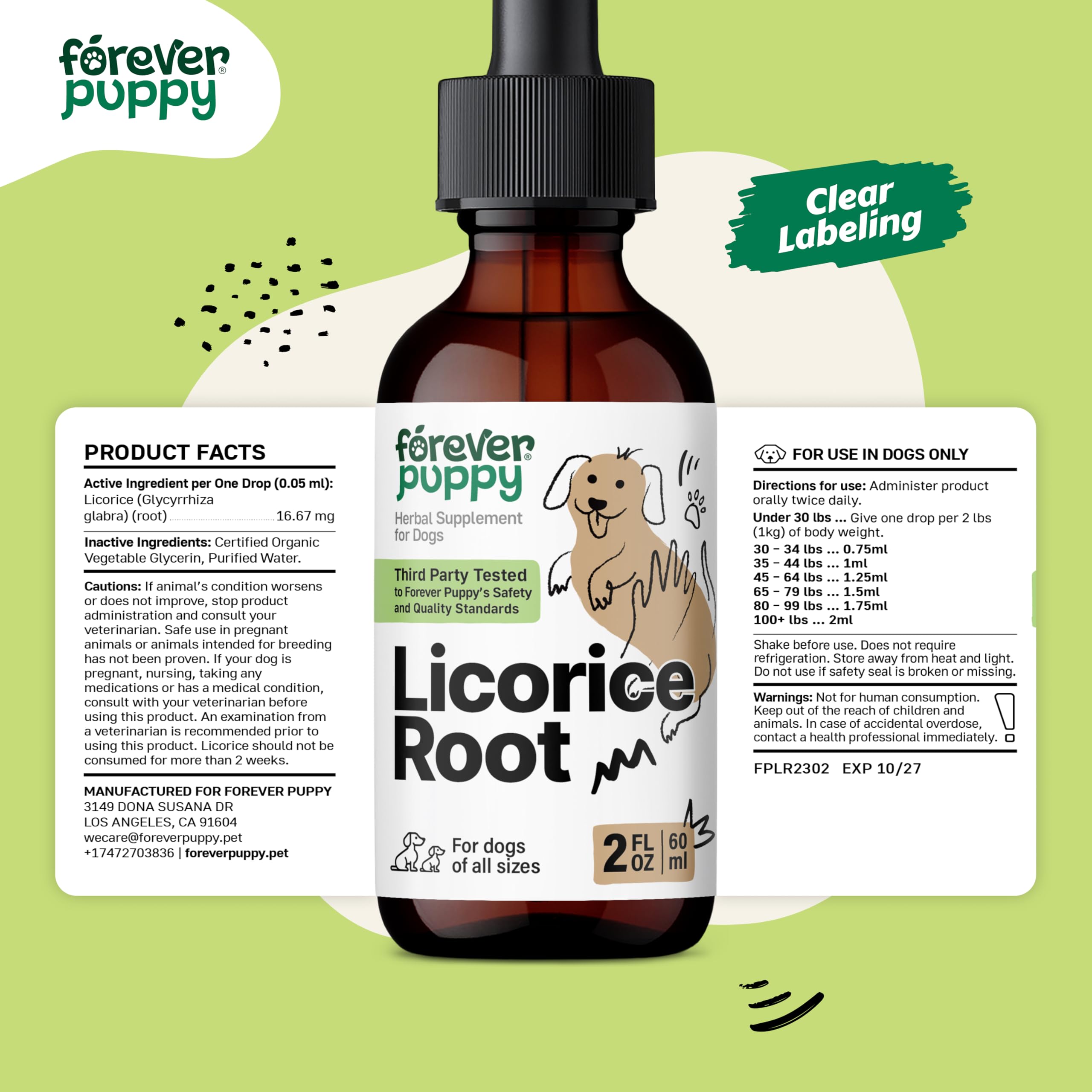 Licorice Root Tincture for Dogs - Respiratory Health Supplements - Lung Support Drops for Pets - Liquid Dog Vitamins and Supplements for Lung Detox & Cleanse - No Preservatives - 2 oz