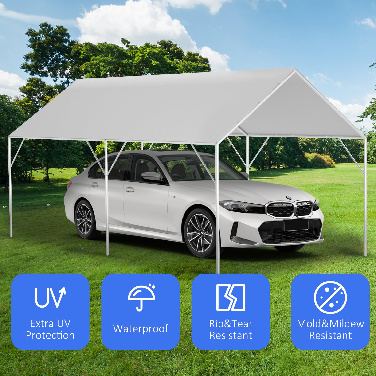 12' x 20' Canopy Replacement Cover for Carport, 220G Heavy Duty Replacement Top Cover for Car Garage, Waterproof & UV Protected Tarp with 48 Ball Bungees (Only Cover, Frame Not Included), White