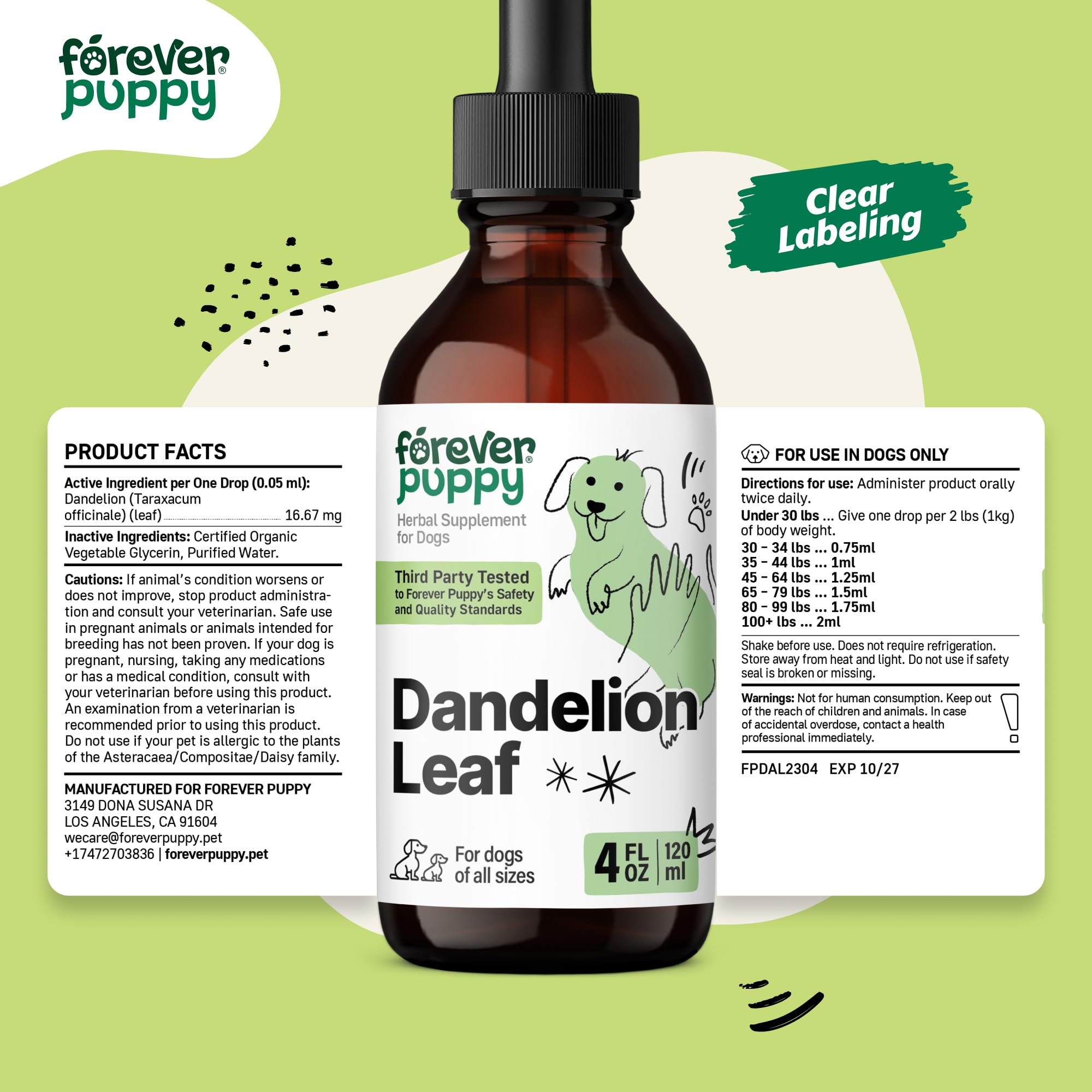 Dandelion Leaf Drops for Dogs - Kidney Health Supplement for Large, Medium & Small Dogs - Kidney Cleanse Detox Drops w/Dandelion Leaves - Dog Food Supplements for Natural Pet Kidney Support - 4 oz