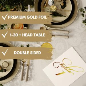 Generic Arinas Wedding Table Numbers - Gold Foil 1-30 + Head Table - Gold Table Number Cards For Wedding Reception - Double-Sided 4x6