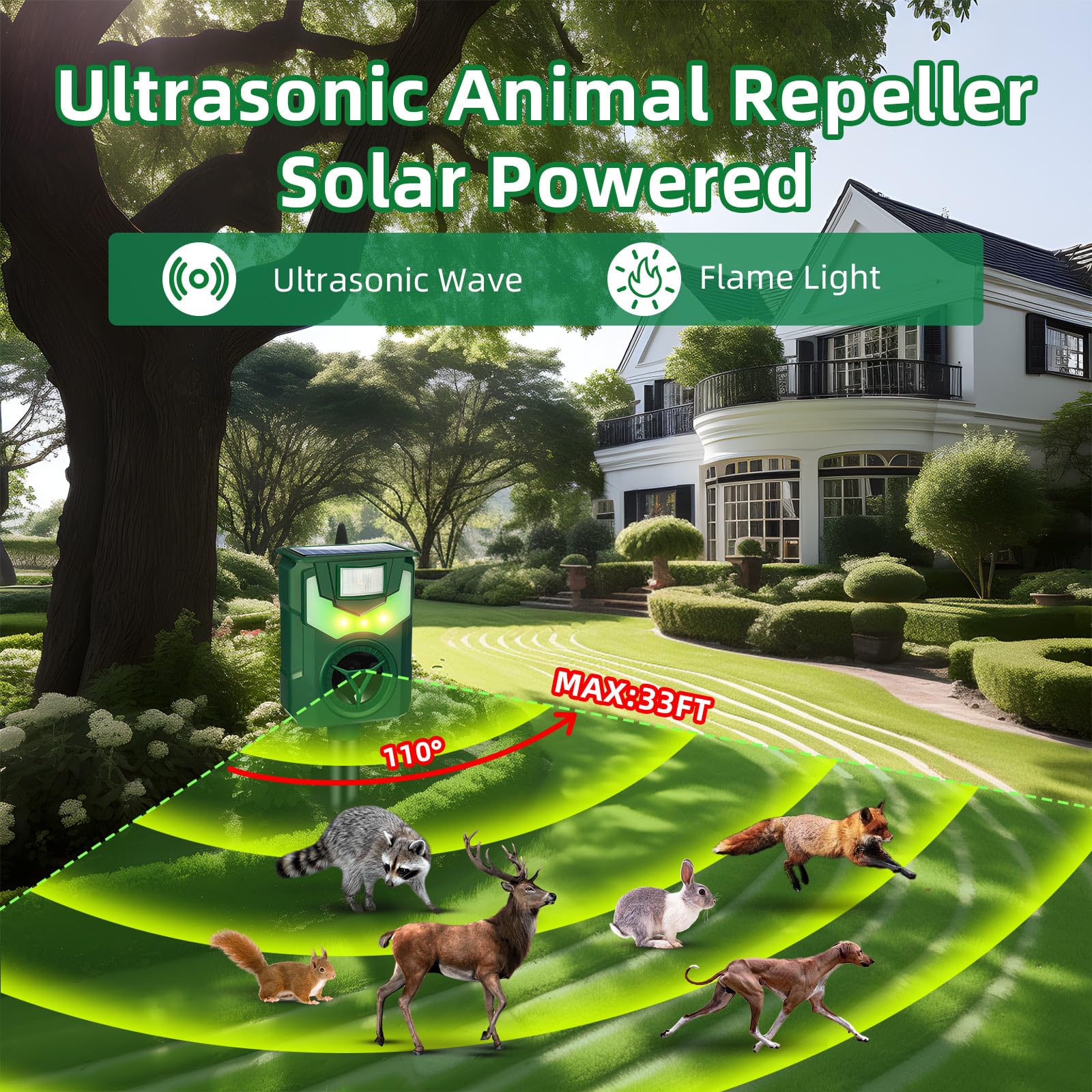 2024 Upgraded Ultrasonic Animal Repeller Outdoor,2 Pack Deer Repellent Devices Solar Animal Repeller with Motion Sensor Animal Deterrent to Scare Squirrel Coyote Raccoon Skunk Rabbit Out of Yard Farm