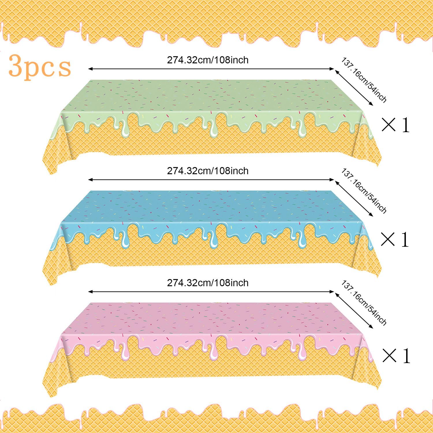 Foxrush Ice Cream Party Decoations 3 Pcs Ice Cream Birthday Party Supplies, Ideal Table Cover for Kids and Girls Birthday, Baby Shower Summer Themed Parties,Pink,Blue and Green Ice Cream Tablecloth