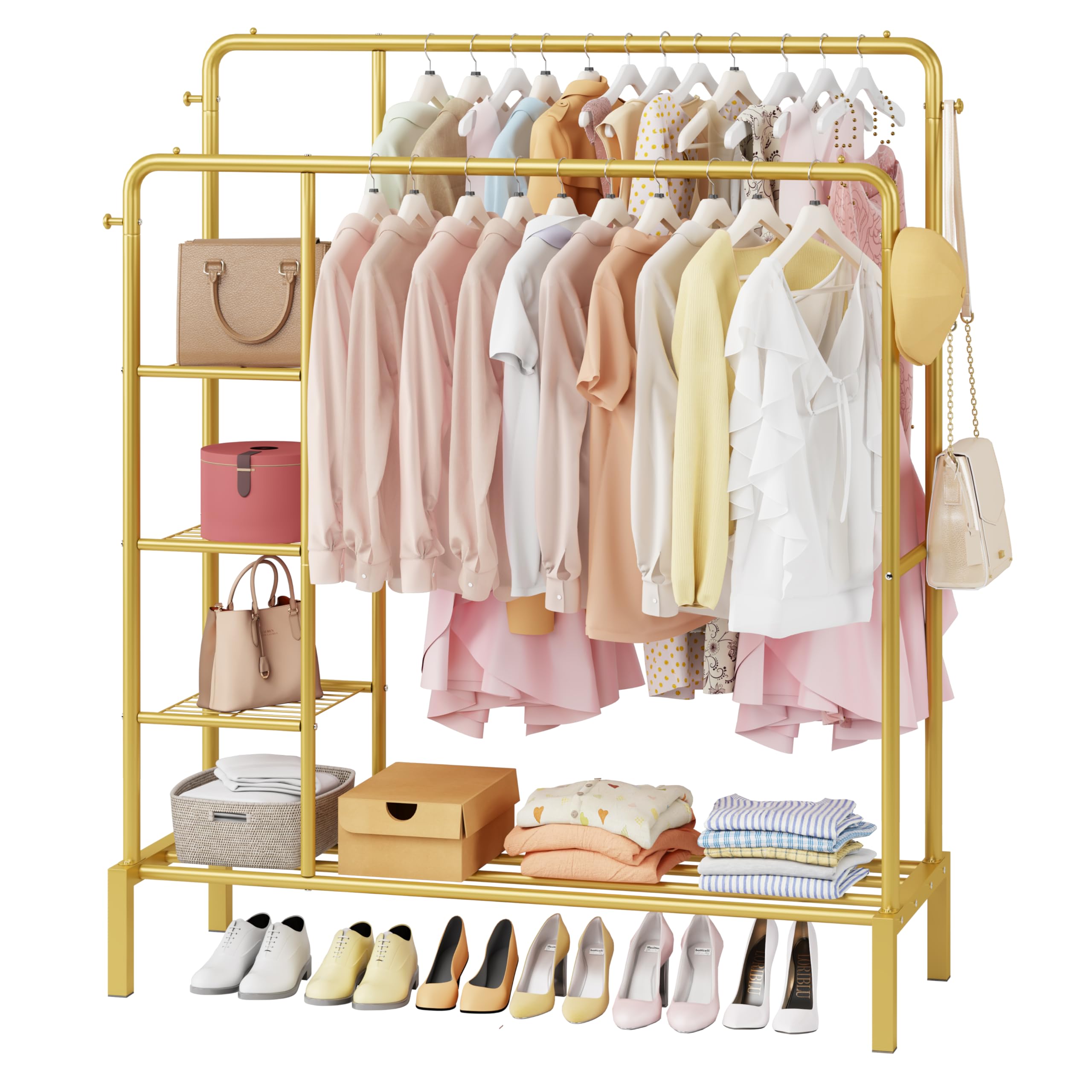 JOISCOPE 47'' * 65'' Heavy Duty Clothes Rack, Double Rods Clothing Racks for Hanging Clothes, Garment Rack with 4 Tier Closet Shelves & 4 Hooks for Clothing Storage, Metal Gold Clothing Rack