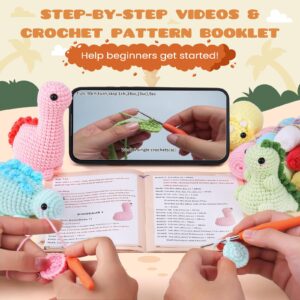 Crochet Kit for Beginners, Beginner Crochet Kit for Adults with Step-by-Step Video Tutorials, DIY Crochet Animal Kits Kids Knitting Supplies, 4 Pack Dinosaurs (40%+ Yarn)