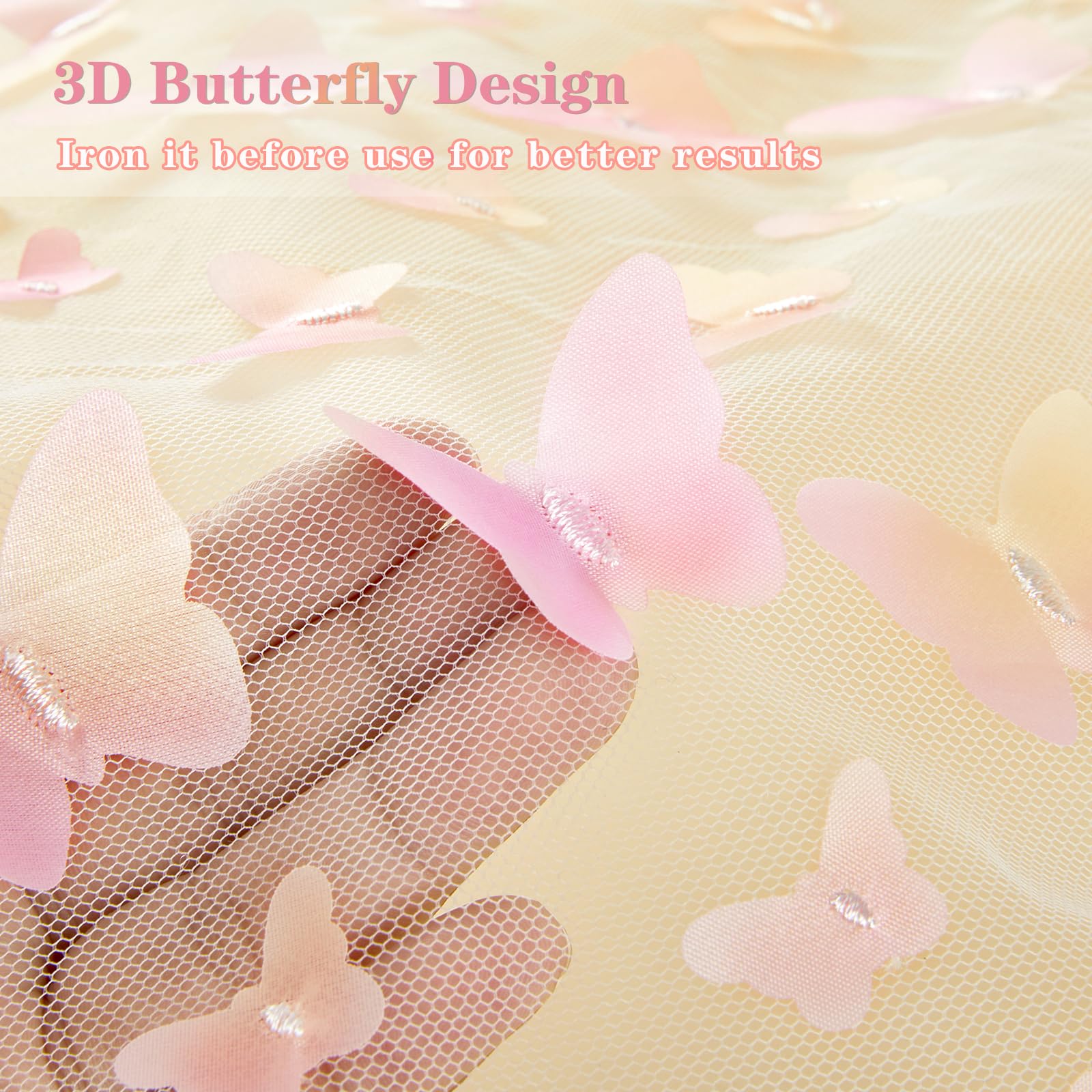 3D Butterfly Lace Fabric 1 Yard Gradient Pink Mesh Tulle Fabric for DIY Tutu Skirt Dress Hair Bows Gift Wrapping Sewing Crafting