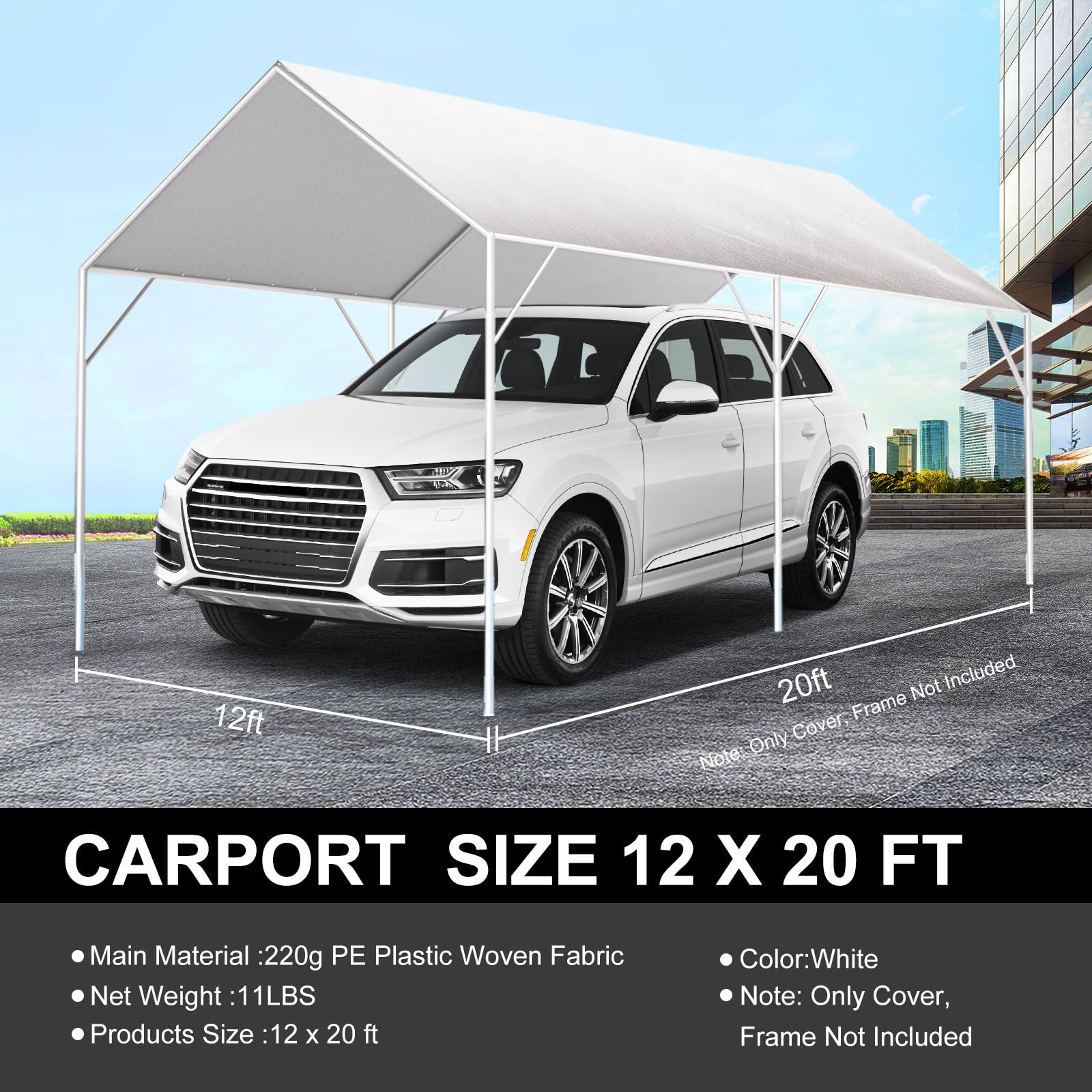 12' x 20' Canopy Replacement Cover for Carport, 220G Heavy Duty Replacement Top Cover for Car Garage, Waterproof & UV Protected Tarp with 48 Ball Bungees (Only Cover, Frame Not Included), White