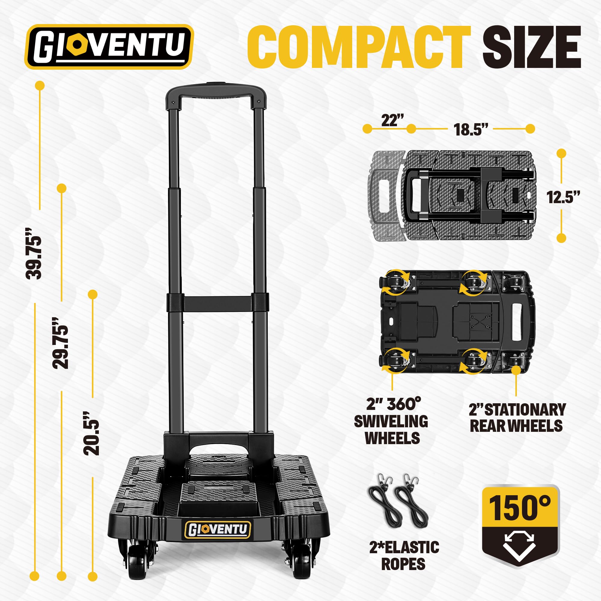 𝟐𝟎𝟐𝟒 𝐔𝐩𝐠𝐫𝐚𝐝𝐞𝐝 Hand Truck Dolly for Moving (440LB), Folding Dolly Cart with 6 TPR Wheels and 90° Lockable Handle, Portable Luggage Cart Platform Truck for Travel, Office Use etc